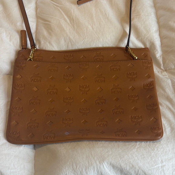 MCM Handbags - MCM Cognac Embossed Leather Crossbody